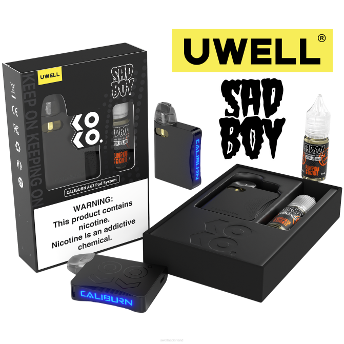 FXZZ239 UWELL CALIBURN AK3 kit + a3s 08ohm-pods (x2) + papas damp 10 ml zouten 50 mg - UWELL vape price crl zwart/flv pompoenkoekje 50mg