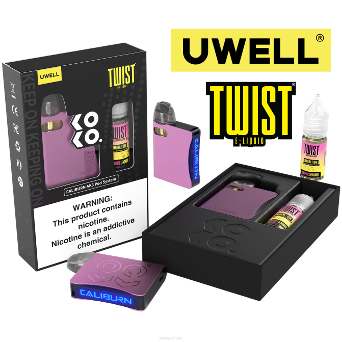 FXZZ241 UWELL CALIBURN AK3 kit + a3s 08ohm-pods (x2) + papas damp 10 ml zouten 50 mg - UWELL Nederland crl roze/flv roze punchlimonade 50 mg