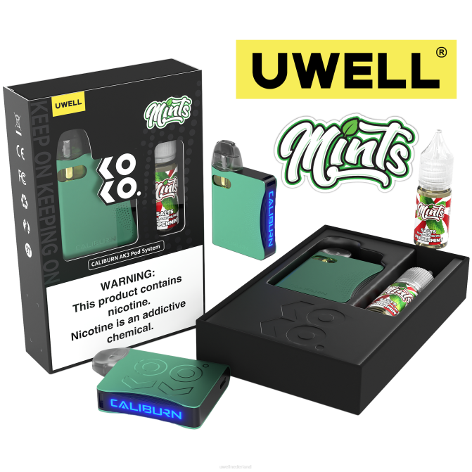 FXZZ242 UWELL CALIBURN AK3 kit + a3s 08ohm-pods (x2) + papas damp 10 ml zouten 50 mg - UWELL Maastricht crl cyaan/flv pepermunt 50 mg