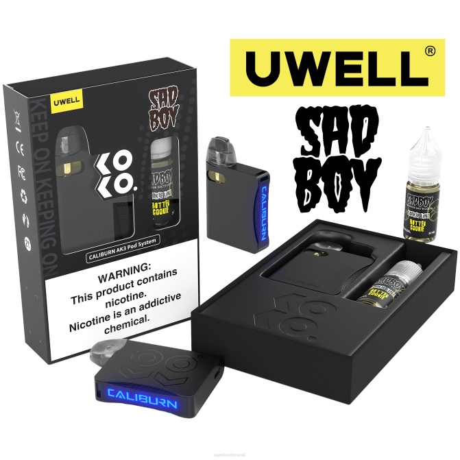 FXZZ243 UWELL CALIBURN AK3 kit + a3s 08ohm-pods (x2) + papas damp 10 ml zouten 50 mg - UWELL vape pods crl zwart/flv custardkoekje 50 mg