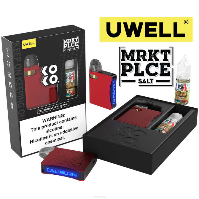 FXZZ244 UWELL CALIBURN AK3 kit + a3s 08ohm-pods (x2) + papas damp 10 ml zouten 50 mg - UWELL vape flavours crl rood/flv verboden bes 50mg