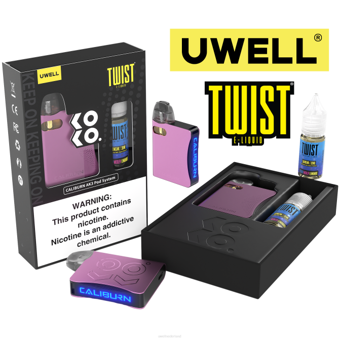 FXZZ246 UWELL CALIBURN AK3 kit + a3s 08ohm-pods (x2) + papas damp 10 ml zouten 50 mg - UWELL Amsterdam crl roze/flv bessenmedly limonade
